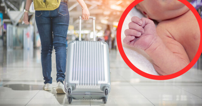 Lentokentällä kävelevä vauva ja vauvan käsi. Kuvat: Shutterstock