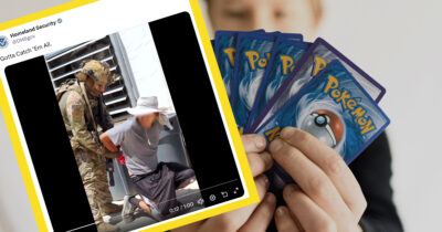 ICE pidätys kuvakaappaus ja Pokemonkortteja. Kuvat X ja Shutterstock