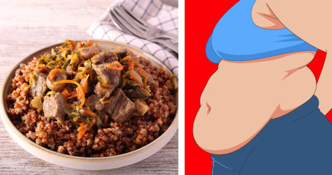 Ruoka-annos jossa tattaria (vas.) ja piirros ylipainoisesta kehosta oikealla