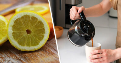 Kuva sitruunasta ja ihmisestä kaatamassa kahvia kuppiin.