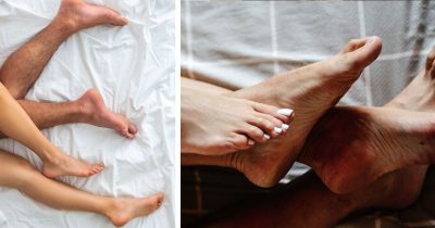 Ihmisten jalkoja sängyssä.