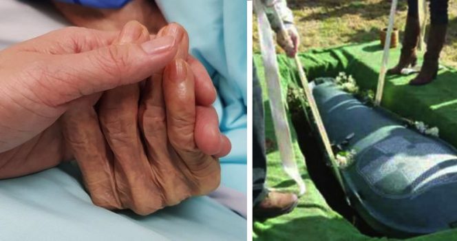 Vanha ja nuori ihminen pitämässä toisaan kädestä (vas.) ja arkku, jota ollaan laskemassa hautaan.