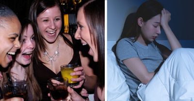 Iloiset naiset baarissa, vähemmän iloinen nainen pitelemässä päätään.