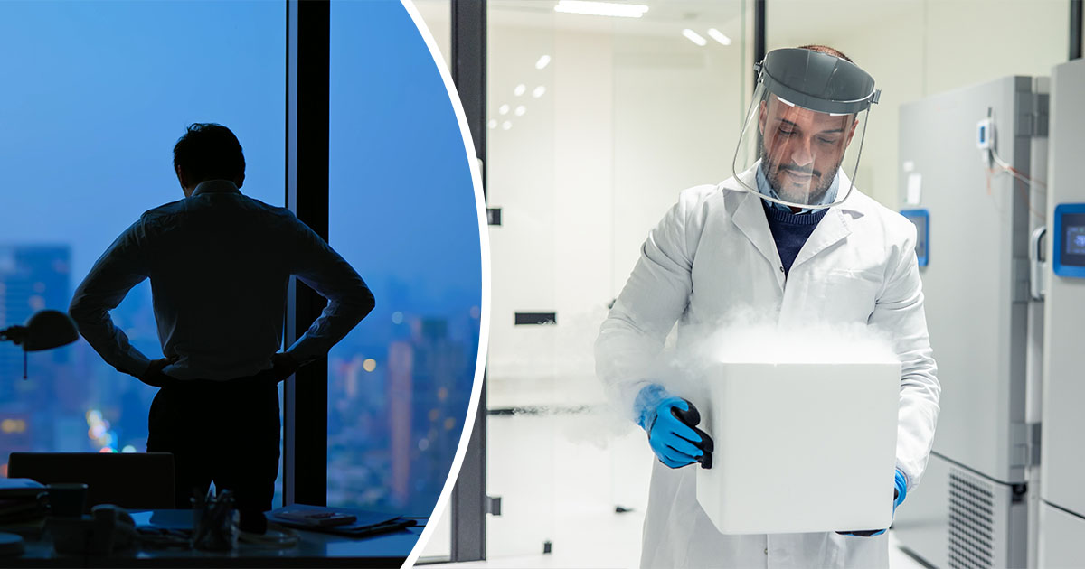 Surullinen mies, laboratorio. Kuvat: Shutterstock