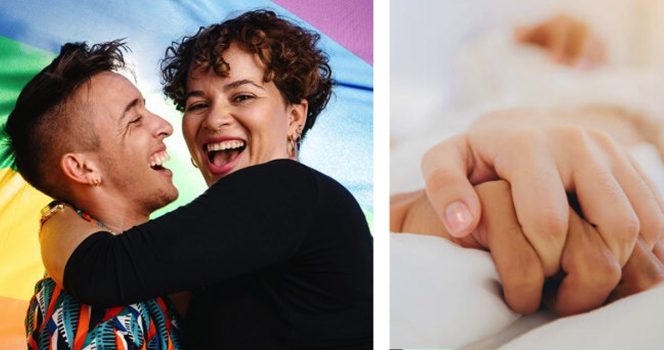 Halaava pariskunta ja kaksi kättä pitämässä toisiaan.