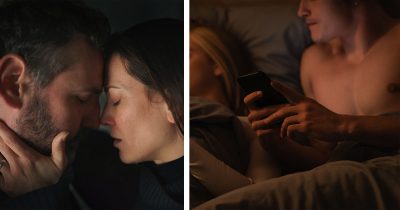 Nainen ja mies suutelevat (vas.) mies katsoo puhelintaan kun nainen nukkuu.