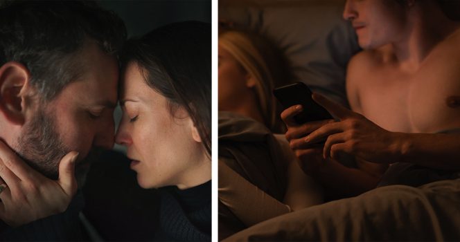 Nainen ja mies suutelevat (vas.) mies katsoo puhelintaan kun nainen nukkuu.
