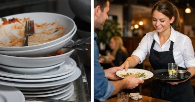 Lautasia ja kaksi ihmistä ravintolassa. Kuvat Shutterstock