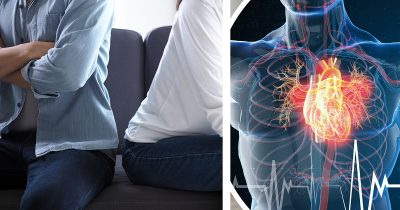 Pariskunta istuu katsomassa pois toisistaan (vas.), anatominen sydän. Ihmiskeho voi kertoa jo aikaisin, jos parisuhde on vväärä.