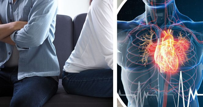 Pariskunta istuu katsomassa pois toisistaan (vas.), anatominen sydän. Ihmiskeho voi kertoa jo aikaisin, jos parisuhde on vväärä.