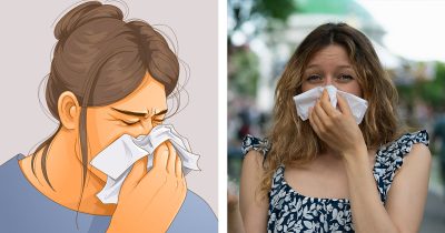 Kuvitus nihmisestä niistämässä (vas.) ja valokuva ihmisestä niistämässä nenäliinaan.