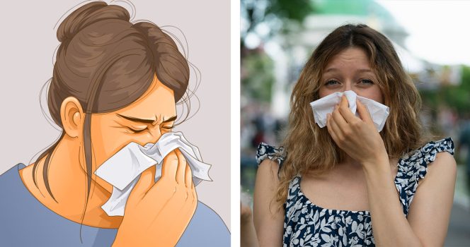 Kuvitus nihmisestä niistämässä (vas.) ja valokuva ihmisestä niistämässä nenäliinaan.