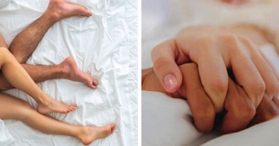 Kahden ihmisen jalat peiton alla (vas.), kahden ihmisen kädet toisiinsa kietoutuneina