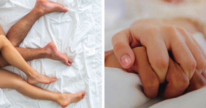 Kahden ihmisen jalat peiton alla (vas.), kahden ihmisen kädet toisiinsa kietoutuneina