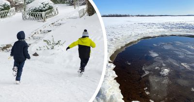 Kaksi poikaa talvivaatteissa. Jäinen järvi. Kuvat: Shutterstock