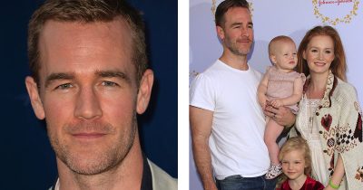 James Van Der Beek, oikealla vaimonsa Kimberlyn ja kahden lapsistaan kanssa