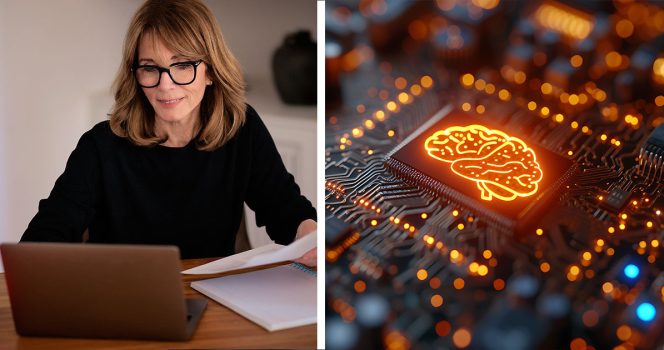 Nainen käyttää tietokonetta, visualisointi tekoälystä