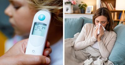 Kuumemittari ja flunssainen nainen. Kuvat: Shutterstock