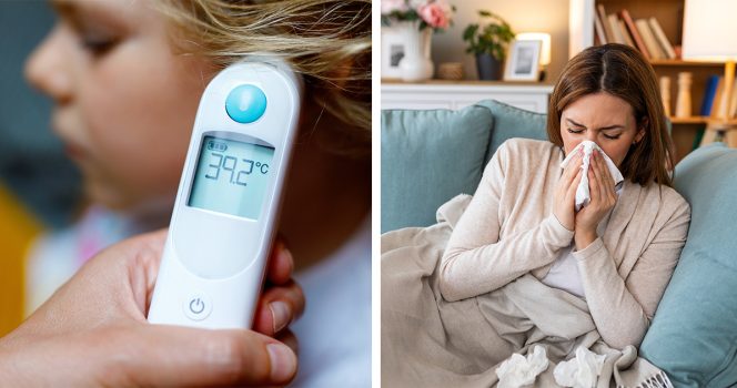 Kuumemittari ja flunssainen nainen. Kuvat: Shutterstock