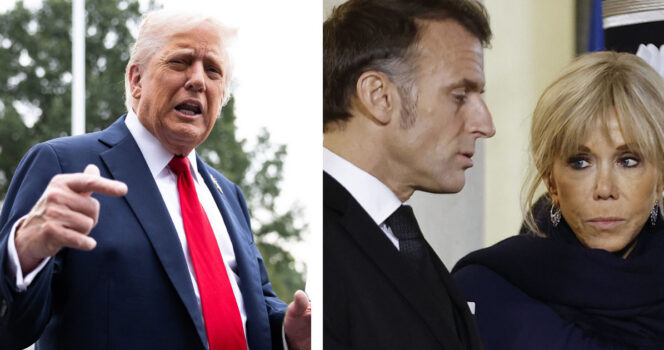 Donald Trump (vas.) ja Emmanuel ja Brigitte Macron