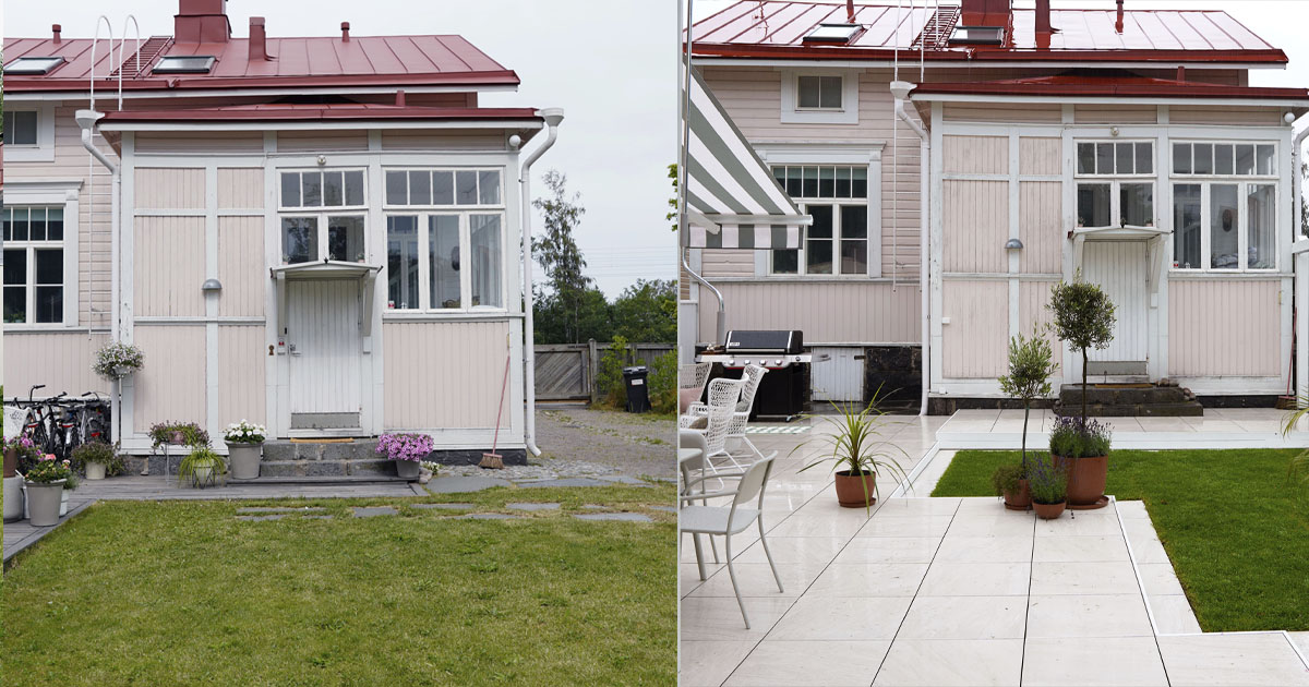 Pihalle saatiin uutta ilmettä kivetyksellä, nurmella sekä kasveilla.