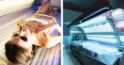 Solarium ja nainen solariumissa. Kuvat: Shutterstock