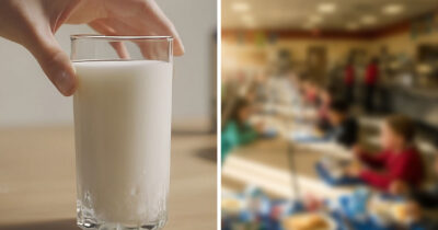 Benedict Blythe kuoli saatuaan maitoa koulusta. Kuvateksti: Lasi maitoa ja koulun ruokala.