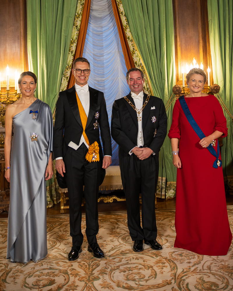 Illallisella Suzanne Innes-Stubb oli pukeutunut tyylikkääseen hopeanharmaaseen iltapukuun.