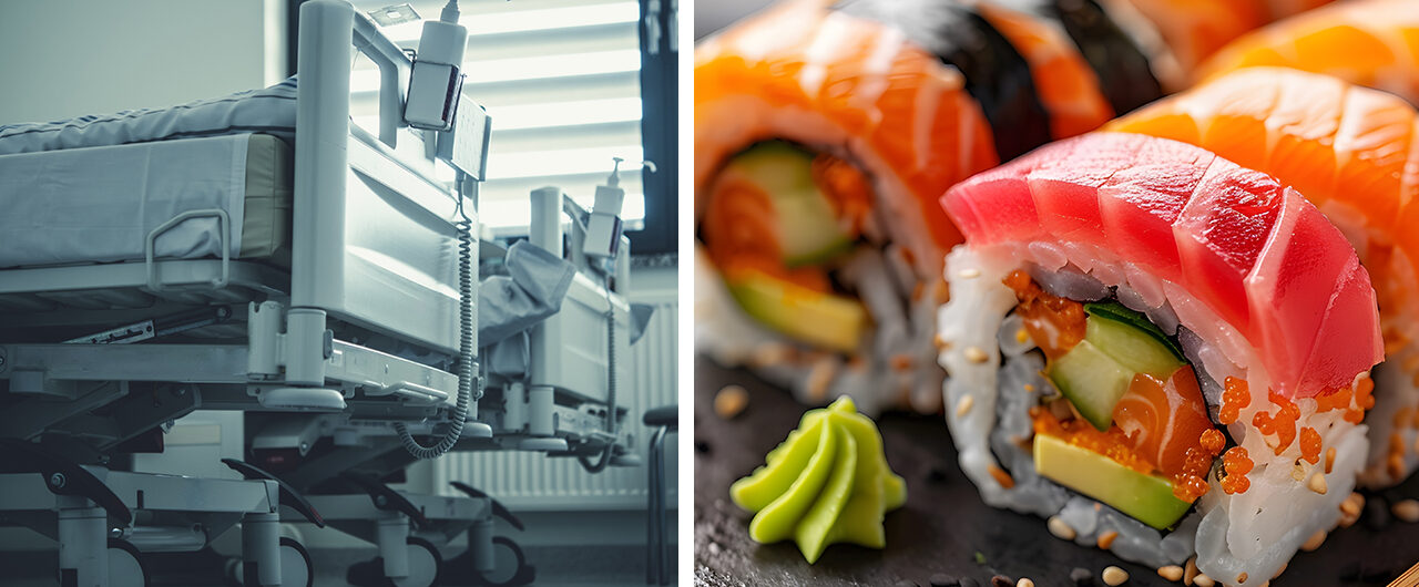 Nainen söi sushia ja koki halvaantumisen. Sushi ja halvaantuminen, sairaalasänky ja sushi. Kuvat: Shutterstock