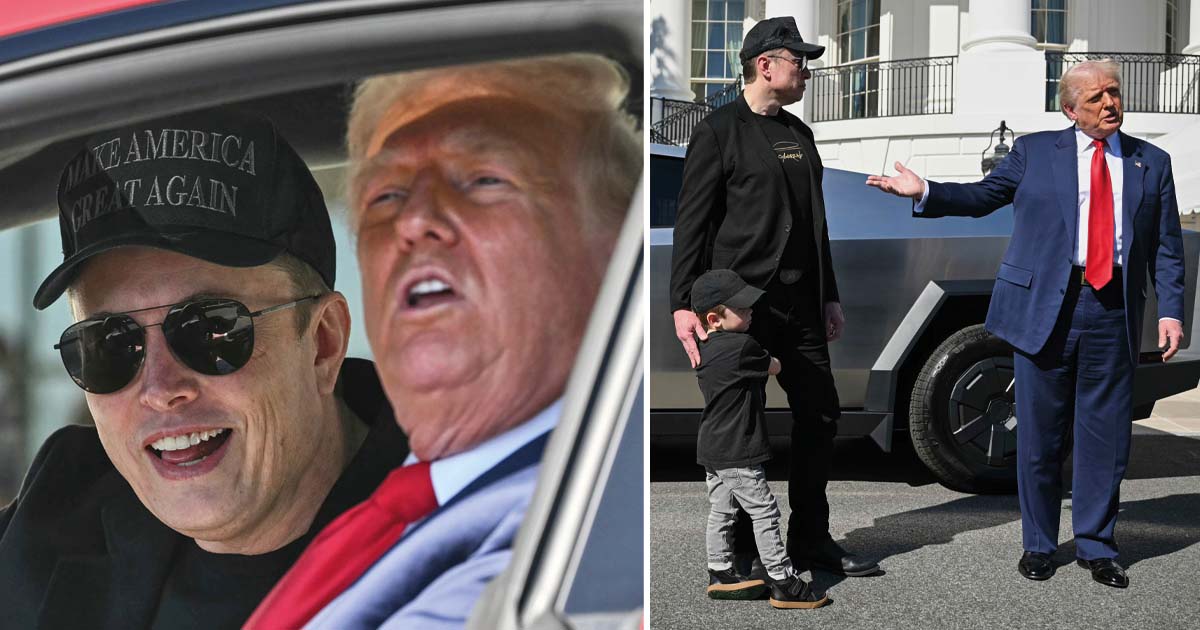 President Donald Trump og Tesla-sjef Elon Musk snakker til journalister mens de sitter i en Tesla-bil på sørplenen i Det hvite hus.