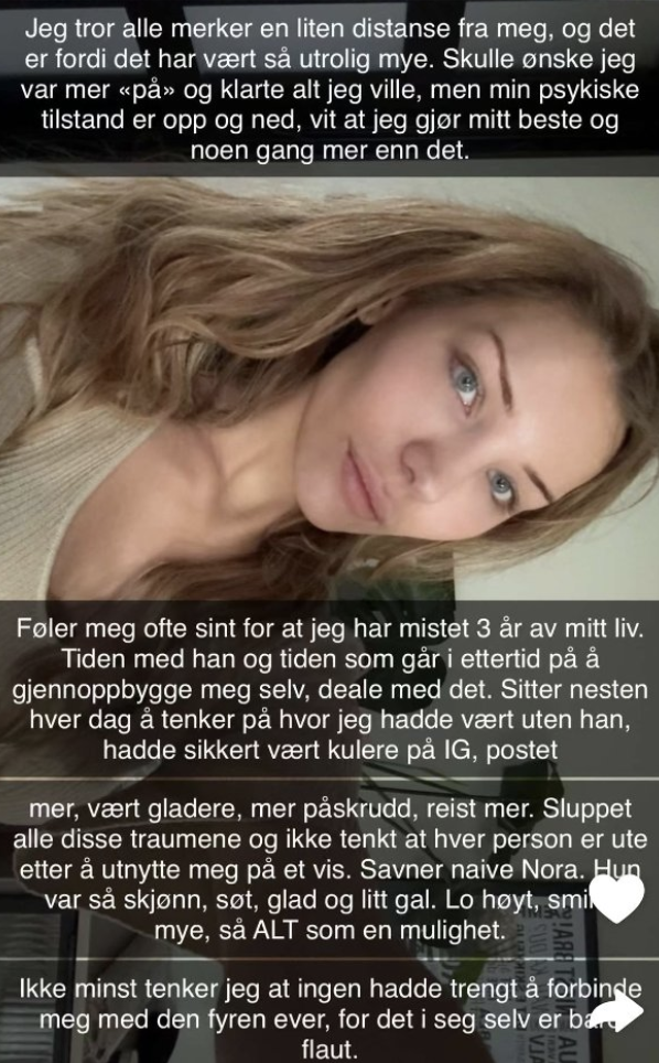 Nora Haukland åpner seg opp på Snapchat.