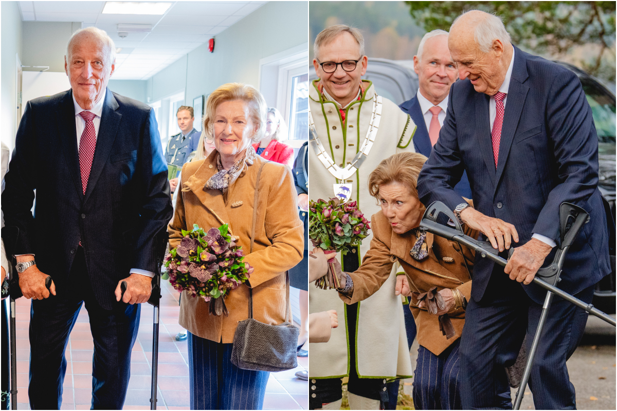 Kong Harald og dronning Sonja sammen med Henriette Jæger (t.h.), Hedda Kortnes og Terje Kristiansen under besøket i Aremark kommune i Østfold fylke. Etter dette besøket har kongeparet besøkt alle kommunene i Østfold fylke.