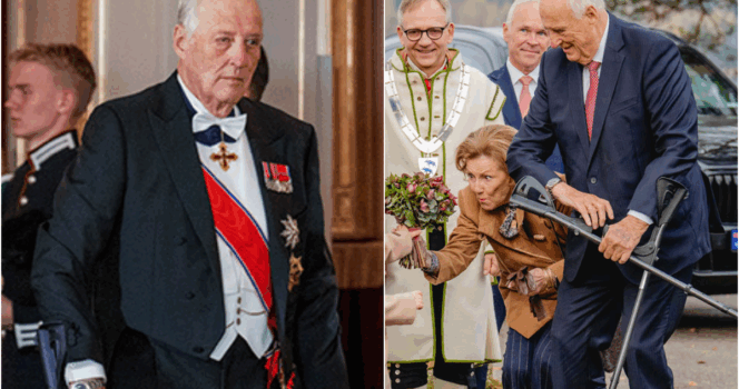 Kong Harald på krykker.