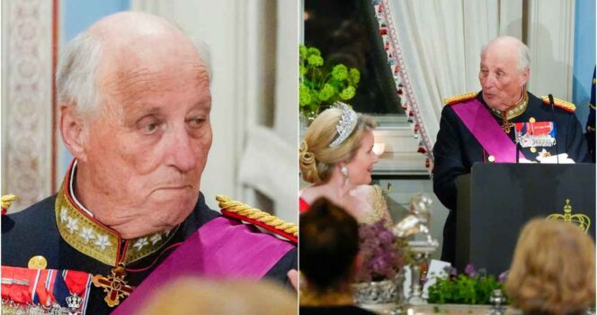 Kong Philippe, dronning Mathilde og kong Harald under gallamiddagen på Slottet i forbindelse med statsbesøket til det Belgiske kongeparet.