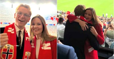Prins Sverre Magnus og prinsesse Ingrid Alexandra fulgte fotballkampen fra tribunen i natt.