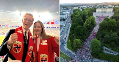 Sverre Magnus og Ingrid Alexandra på kamp mot Senegal (t.v) og norske supportere foran Slottet (t.h).