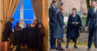 Kongefamilien følger med på folkehavet foran Slottet.
