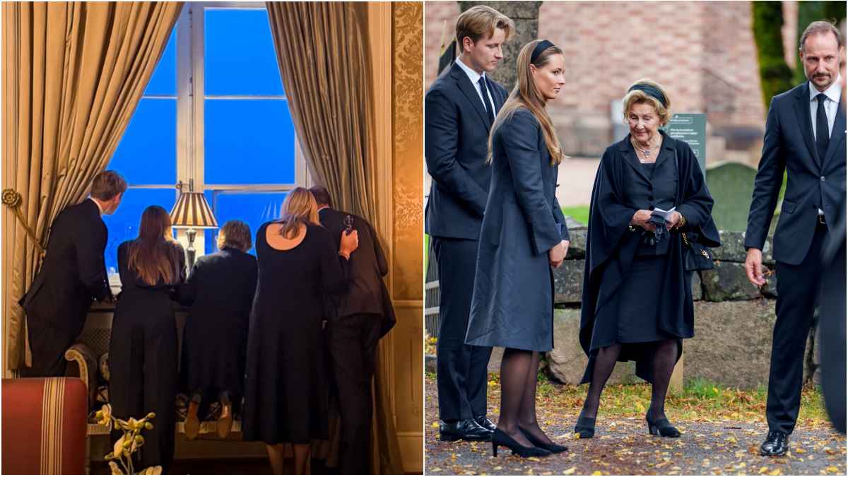 Kongefamilien følger med på folkehavet foran Slottet.
