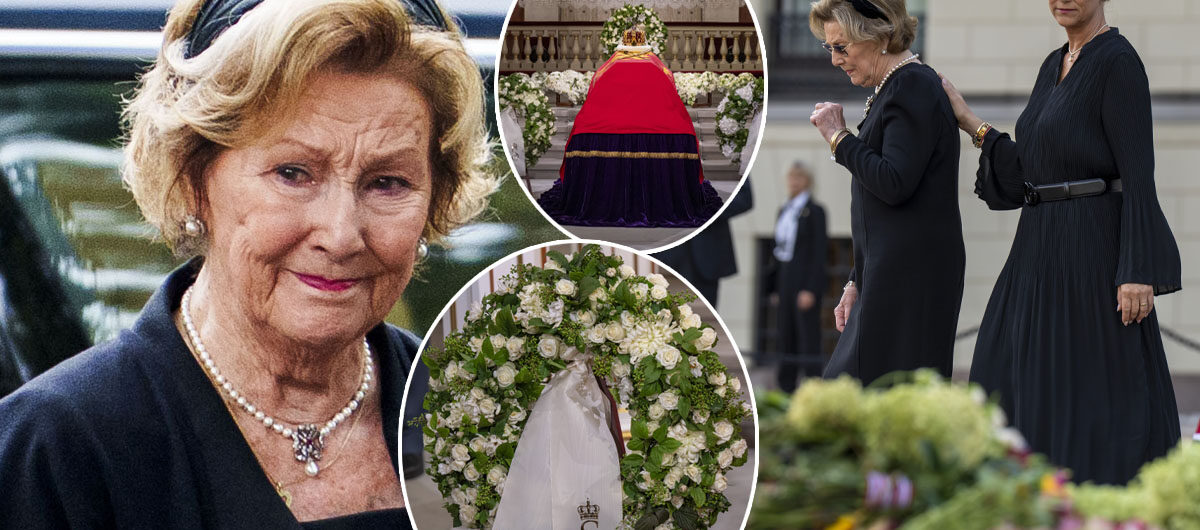 Dronning Sonja sørger over sin make kong Harald. Til høyre: dronning Mette-Marit. Foto: Javad Parsa / NTB / TT & Cornelius Poppe / NTB / TT