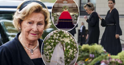 Dronning Sonja sørger over sin make kong Harald. Til høyre: dronning Mette-Marit. Foto: Javad Parsa / NTB / TT & Cornelius Poppe / NTB / TT