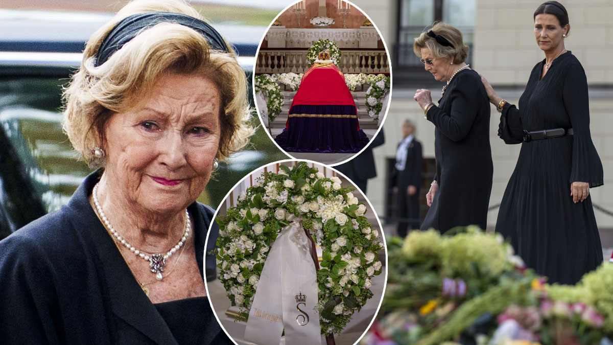 Dronning Sonja sørger over sin make kong Harald. Til høyre: dronning Mette-Marit. Foto: Javad Parsa / NTB / TT & Cornelius Poppe / NTB / TT