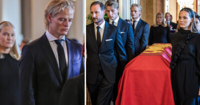 Marius Borg Høiby ved kong Haralds kiste. Foto: Lise Åserud / NTB / TT & Ole Berg-Rusten / NTB / TT