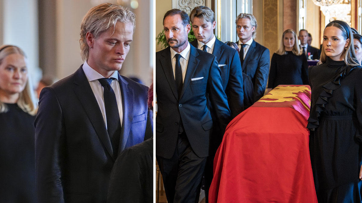 Marius Borg Høiby ved kong Haralds kiste. Foto: Lise Åserud / NTB / TT & Ole Berg-Rusten / NTB / TT