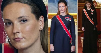 Kronprinsesse Ingrid Alexandra i mørk kjole med rødt bånd og ordenstegn under offisiell seremoni, sammen med en kvinne i tilsvarende høytidsdrakt