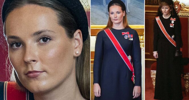 Kronprinsesse Ingrid Alexandra i mørk kjole med rødt bånd og ordenstegn under offisiell seremoni, sammen med en kvinne i tilsvarende høytidsdrakt