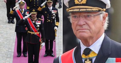 Kong Carl Gustaf i uniform gjør honnør sammen med andre offiserer ved seremoni