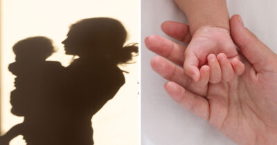 Sjangerbilde. Kvinne holder baby. Mamma holder babyens hånd.