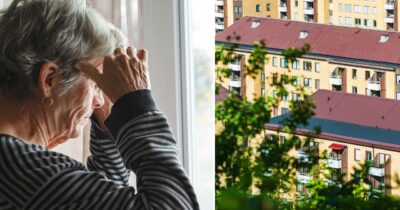 Eldre kvinne ser ut gjennom vinduet. Leiligheter i Göteborg.
