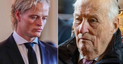 Marius Borg Høiby og kong Harald ser alvorlige ut, side om side