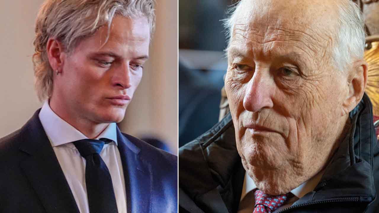 Marius Borg Høiby og kong Harald ser alvorlige ut, side om side